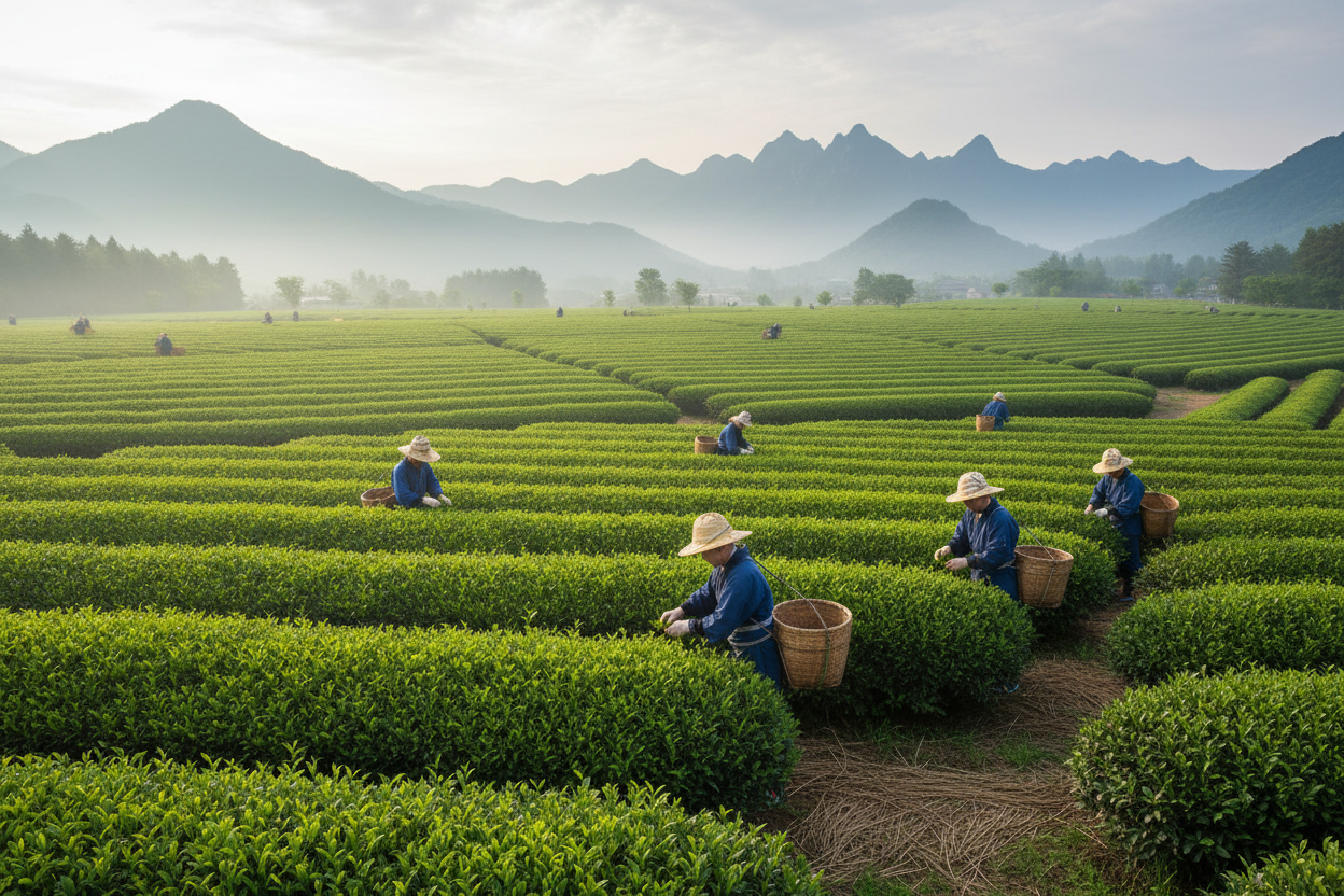 japanese matcha tea farm with farmers harvesting